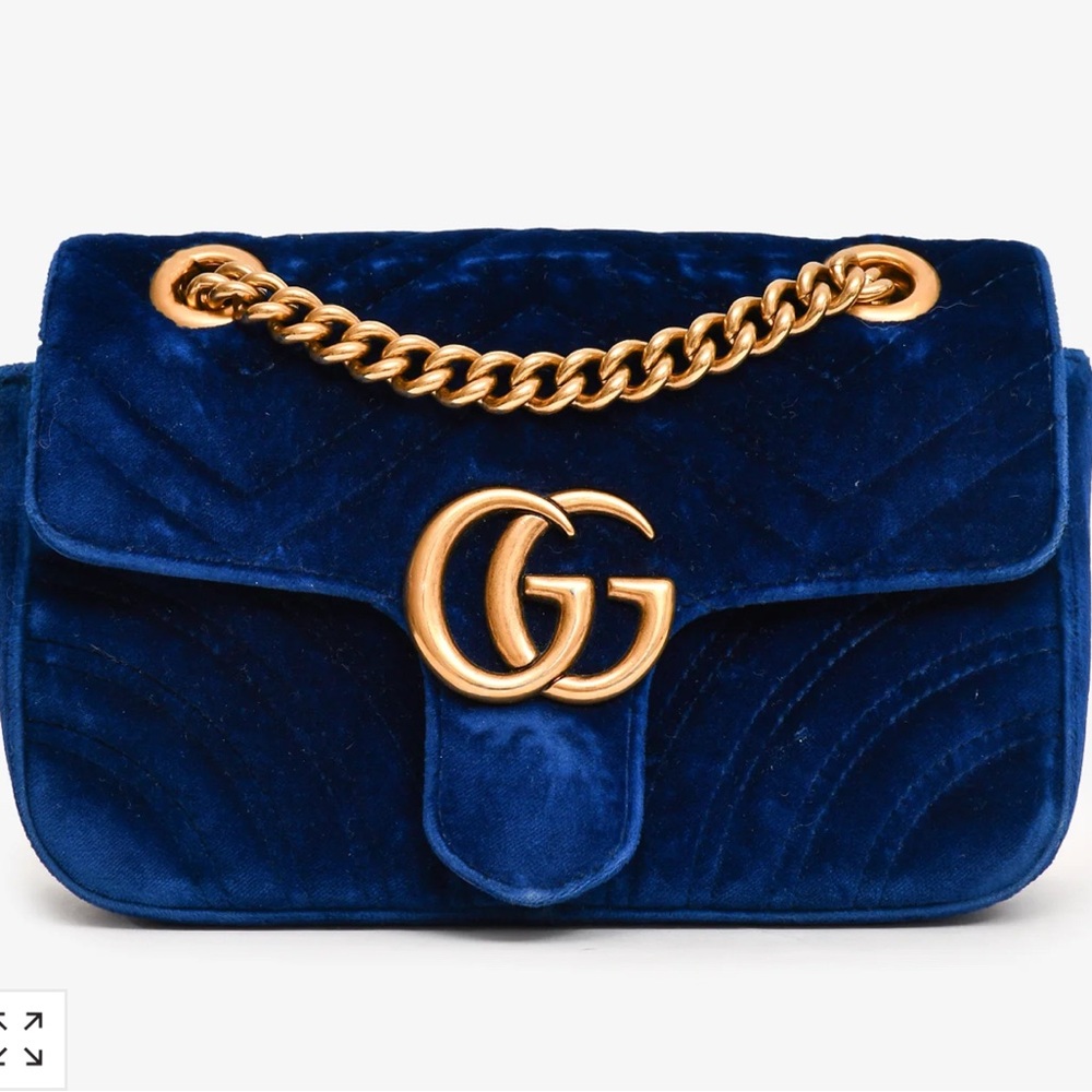 Gucci Blue and Gold Shoulder Bag with Velvet Material and Chain Strap